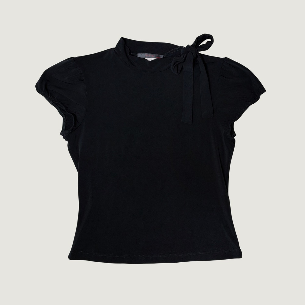 MCM Black Blouse Mock Neck Bow Puff Sleeve Vintage 90s Chic Parisian French Goth